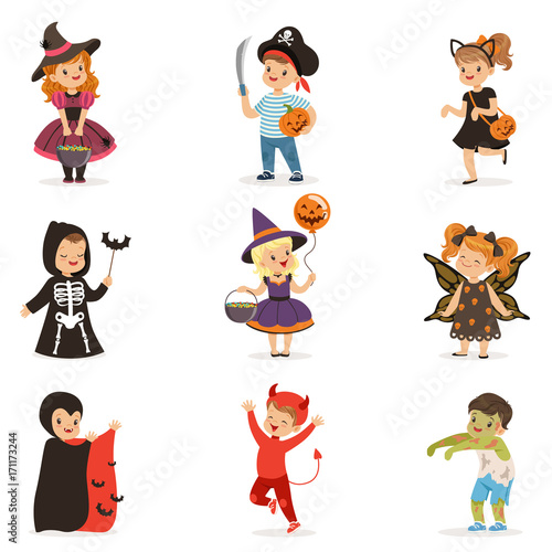  ute little kids in colorful halloween costumes set, Halloween children trick or treating vector Illustrations