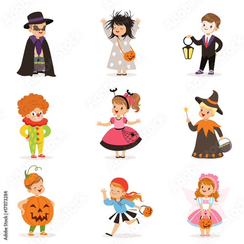  ute happy little kids in different colorful halloween costumes set, Halloween children trick or treating vector Illustrations
