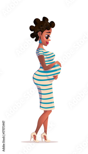 Vector illustration of black pregnant woman. african-american pregnant woman smiling and looking at the belly with hands on stomach. Vector flat design illustration isolated on white background