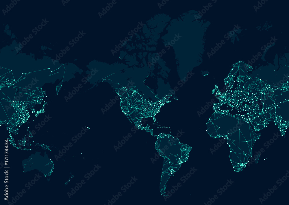Fototapeta premium Mapa sieci komunikacyjnej świata, skoncentrowana na kontynencie amerykańskim