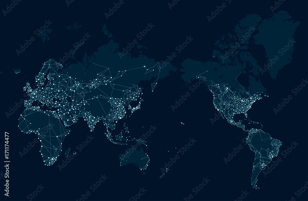 Sci-fi futuristic communications network map of the world