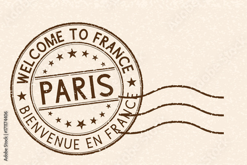 Welcome to Paris, France. Tourist brown stamp on beige background