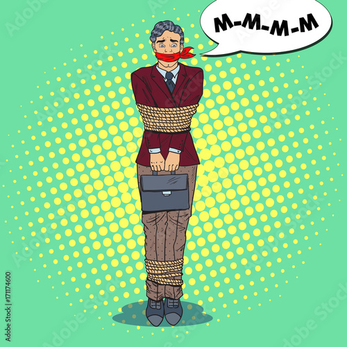 Pop Art Frustrated Businessman Tied Up with Rope. Business Problems. Vector illustration
