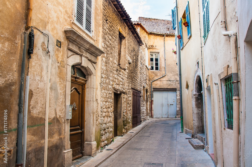 View of a little narrow street in the town of Brignoles in Provence, south of France