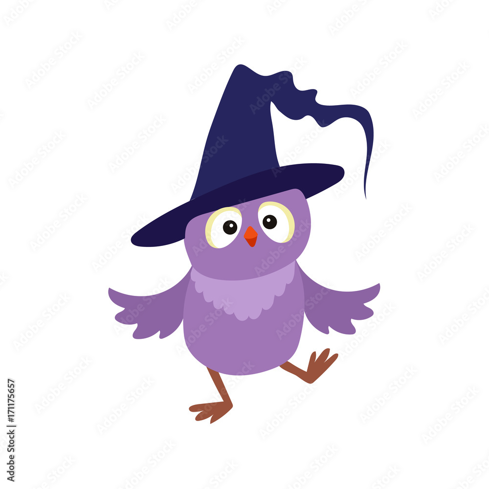 vector flat cartoon funny purple owl dancing in big blue witch, wizard pointed hat. Isolated illustration on a white background. Fancy Halloween outfit for an animal concept vector flat cartoon funny purple owl dancing in big blue witch, wizard pointed hat. Isolated illustration on a white background. Fancy Halloween outfit for an animal concept