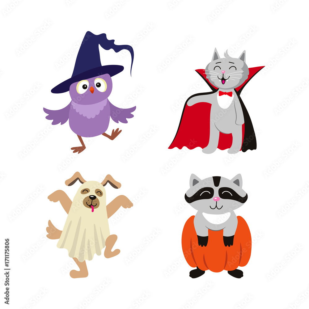 vector flat cartoon funny halloween animals - cat dressed up like vampire count Dracula, owl in witch hat , caroon in pumpkin and dog ghost in bedsheet set. Isolated illustration on a white background