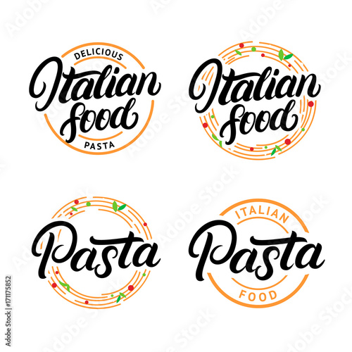 Set of Italian food and Pasta hand written lettering logo, label, badge, emblem.