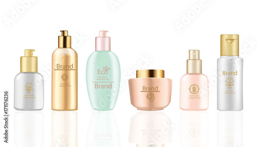 Body care set Vector realistic mock up. Hydration cream and lotion bottles with logo. Perfect for advertising, flyer, banner, poster. 3d illustrations