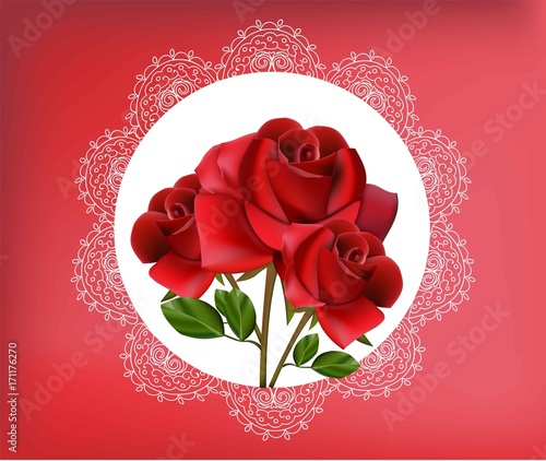 Red Rose flowers in vintage lace frame. Vector illustration for greeting card...