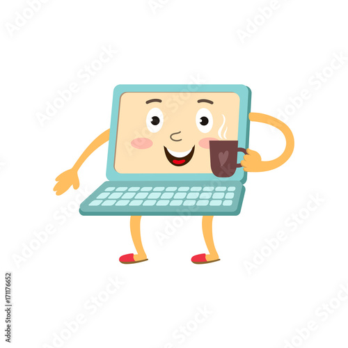 vector flat cartoon funny laptop humanized character with arms, legs and face holding cup of coffee in hand smiling. Isolated illustration on a white background.