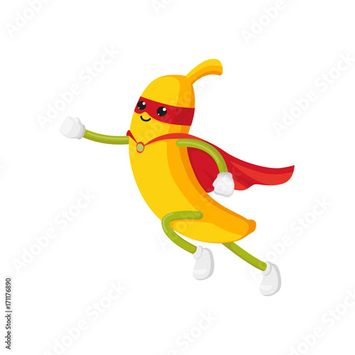 vector flat cartoon banana character in red cape, mask dashing. Isolated illustration on a white background. Funny stylized humanized fruit and vegetable super hero protecting people's health concept.