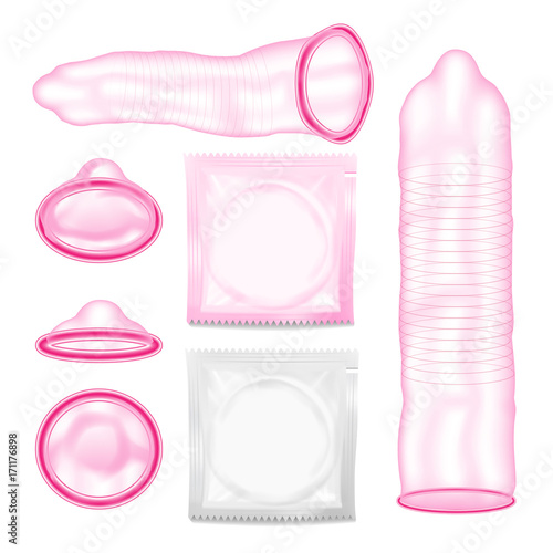 Realistic Condoms Vector. Sexual Protection Concept. Male Contraceptive For Safety Sex. Isolated On White Background Illustration