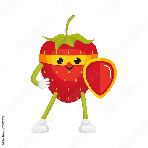 vector flat cartoon strawberry character in yellow mask standing with red shield. Isolated illustration on a white background. Funny humanized fruit and vegetable super hero protecting people's health