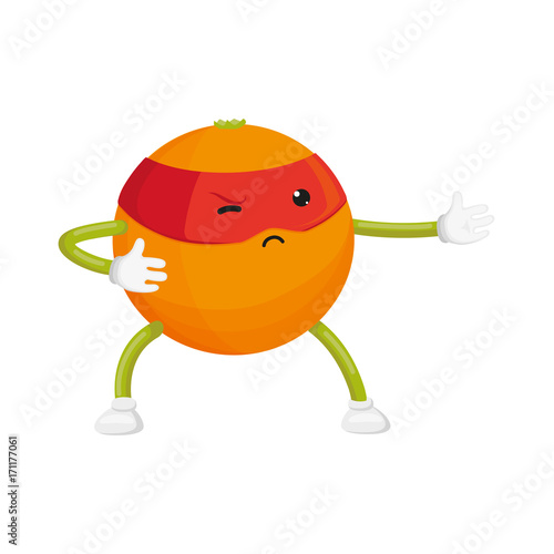 vector flat cartoon orange character in red mask standing like ninja. Isolated illustration on a white background. Funny humanized fruit and vegetable super hero protecting people's health