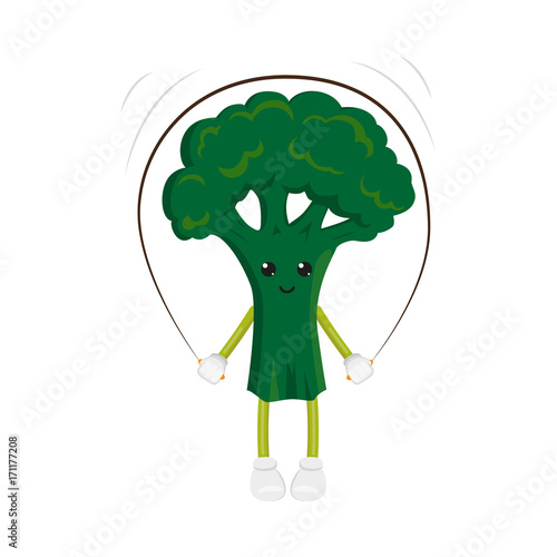 vector flat funny broccoli character jumping at rope. Cheerful humanized vegetable makes exercises with skipping rope. Isolated illustration on a white background. Healthy, sportive lifestyle concept