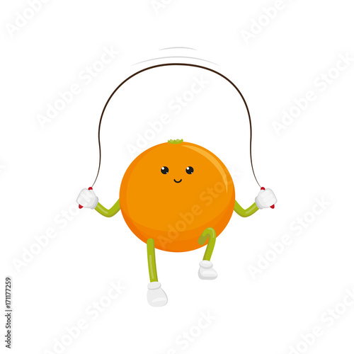 vector flat funny orange character jumping at rope. Cheerful humanized fruit makes exercises with skipping rope. Isolated illustration on a white background. Healthy, sportive lifestyle concept