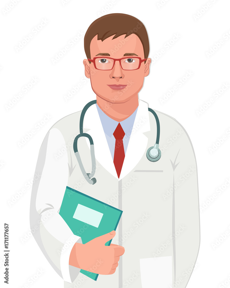 Young Doctor With Stethoscope Isolated Vector. Professional Character Vectors. Doctor with Glasses Holding Folder With Medical Information.
