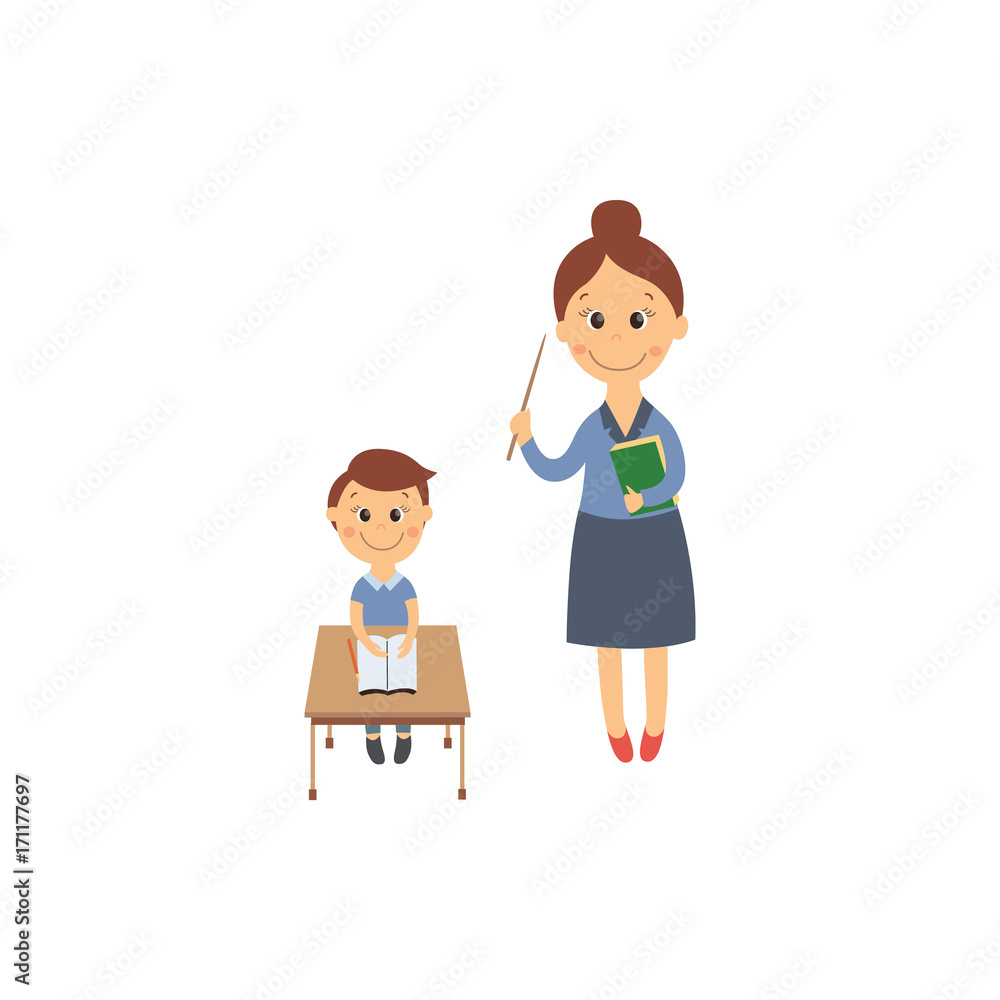vector flat cartoon cute schoolboy character sitting at desk in elementary school smiling and teacher with pointer. Isolated illustration on a white background. Child education, back to school concept vector flat cartoon cute schoolboy character sitting at desk in elementary school smiling and teacher with pointer. Isolated illustration on a white background. Child education, back to school concept