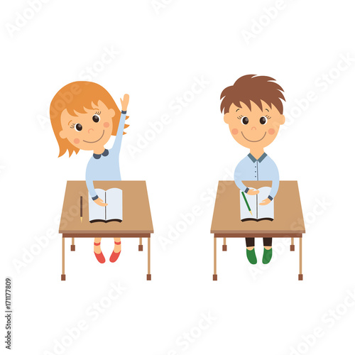vector flat cartoon cute schoolgirl, boy character sitting at desk in elementary school raising her hand smiling. Isolated illustration on a white background. Child education, back to school concept