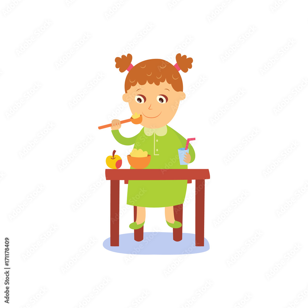 vector flat cartoon girl kid eating apple porridge with drink sitting at baby table from plate, smiling. isolated illustration on a white background. Daily routine concept vector flat cartoon girl kid eating apple porridge with drink sitting at baby table from plate, smiling. isolated illustration on a white background. Daily routine concept