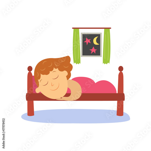 vector flat cartoon girl kid sleeping in her bed under warm blanket happily smiling. Isolated illustration on a white background. Happy child character, daily routine concept.
