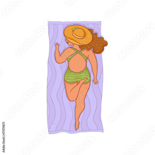 vector flat cartoon style caucasian plump woman in green swimsuit lying on puple beach mat in sun hat. Female cute character sunbathing at summer .Isolated illustration on a white background.