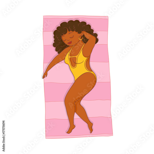 vector flat cartoon style black plump woman in yellow swimsuit lying on pink beach mat. Female cute character sunbathing at summer. Isolated illustration on a white background.