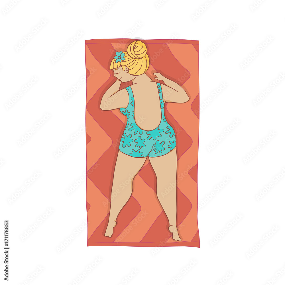 vector flat cartoon style caucasian plump woman in dotted swimsuit lying on red beach mat. Female cute character sunbathing at summer. Isolated illustration on a white background.