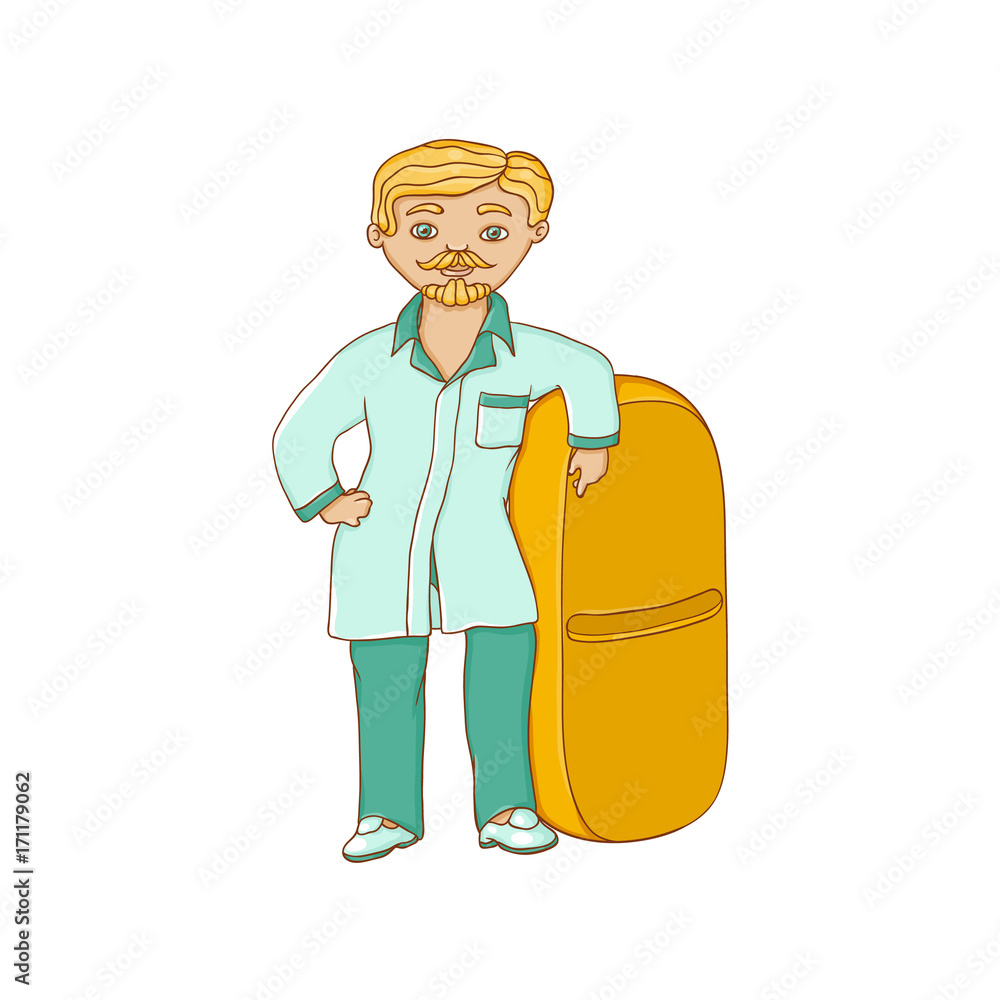 vector flat cartoon male doctor nurce in green medical clothing holding huge big pill drug. Adult man character. Isolated illustration on a white background.