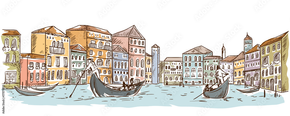 Venice. Cityscape with houses, canal and boats. Vintage vector illustration in sketch style