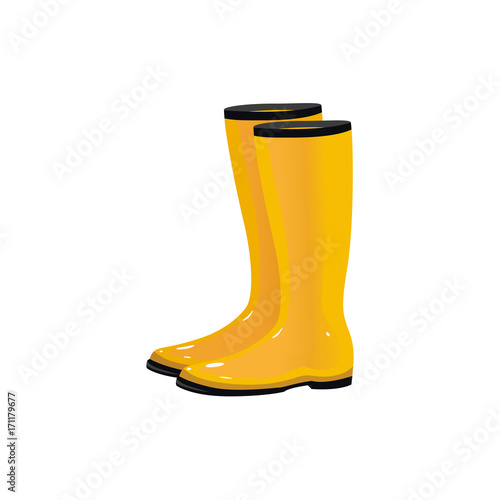 Pair of yellow waterproof rain boots, wellingtons, typical autumn footwear, cartoon vector illustration isolated on white background. Cartoon style shiny yellow autumn rubber, rain boots, gumboots