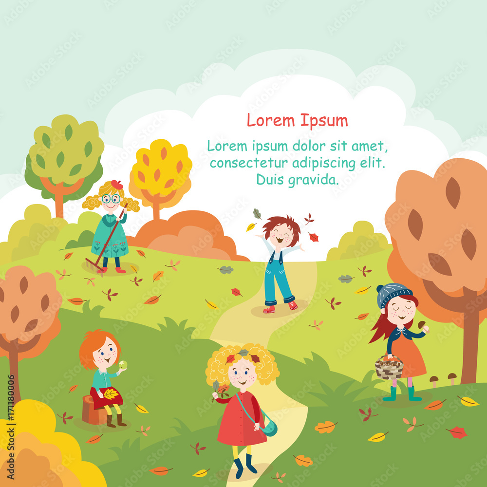 Kids, children having fun in fall, autumn - throwing leaves, picking mushrooms, walking in the park, flat style cartoon vector illustration. Cartoon kids enjoy autumn, fall outdoors, in the park