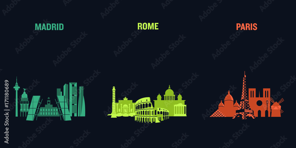 Skyline illustration of three European cities, Madrid, Rome and Paris. Flat vector design.