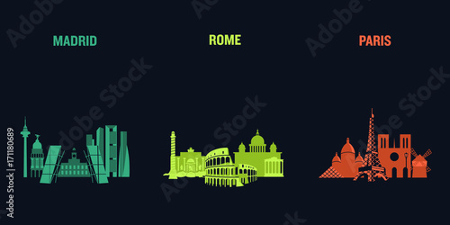 Skyline illustration of three European cities, Madrid, Rome and Paris. Flat vector design.