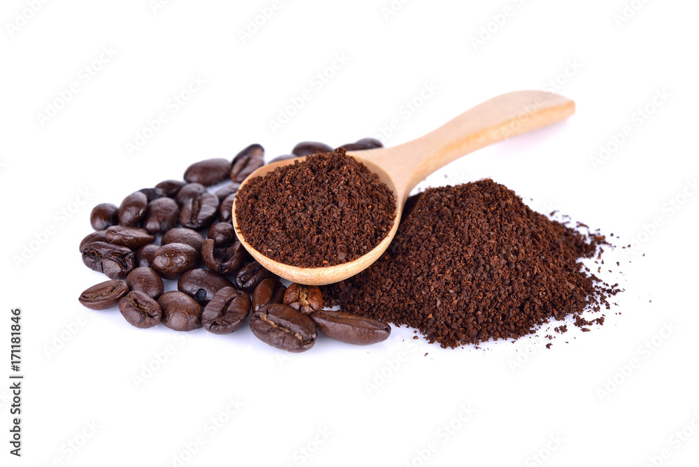 ground coffee and roasted coffee beans arabica strong blend on white background ground coffee and roasted coffee beans arabica strong blend on white background