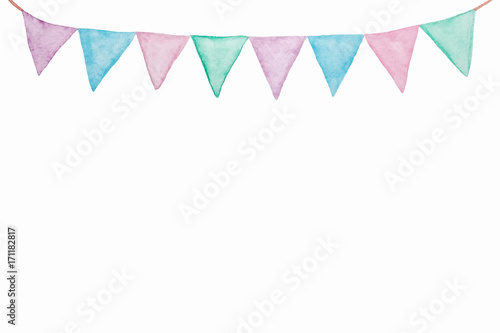 Colorful party bunting flag watercolor drawing isolated on white background, Holiday greeting card background photo
