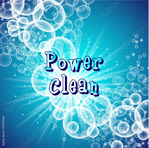 packaging design template for washing powder. Super clean. Soap bubbles, foam. Vector illustration.