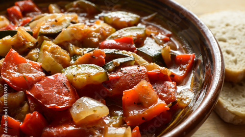 Vegan letcho with red pepper and zucchini