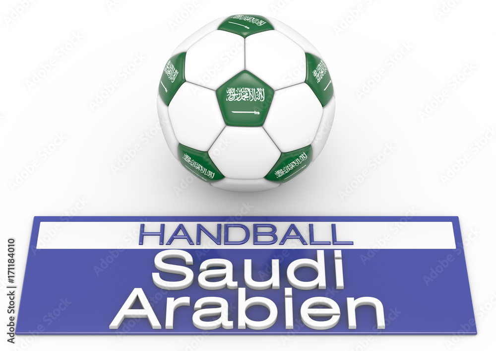 Handball mit Saudi Arabien Flagge, Deutsche Version 2, 3D-Rendering Handball mit Saudi Arabien Flagge, Deutsche Version 2, 3D-Rendering