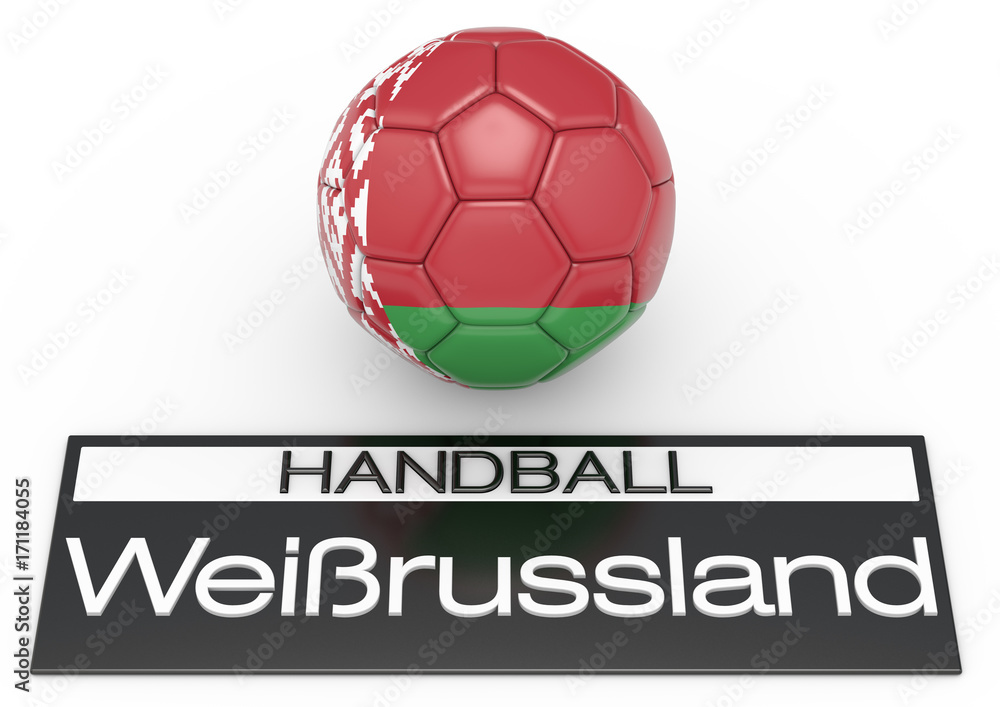 Handball mit Weißrussland Flagge, Deutsche Version 1, 3D-Rendering Handball mit Weißrussland Flagge, Deutsche Version 1, 3D-Rendering