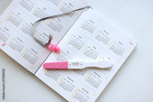 pregnant woman with pregnancy test watching calendar and calculating bith date photo