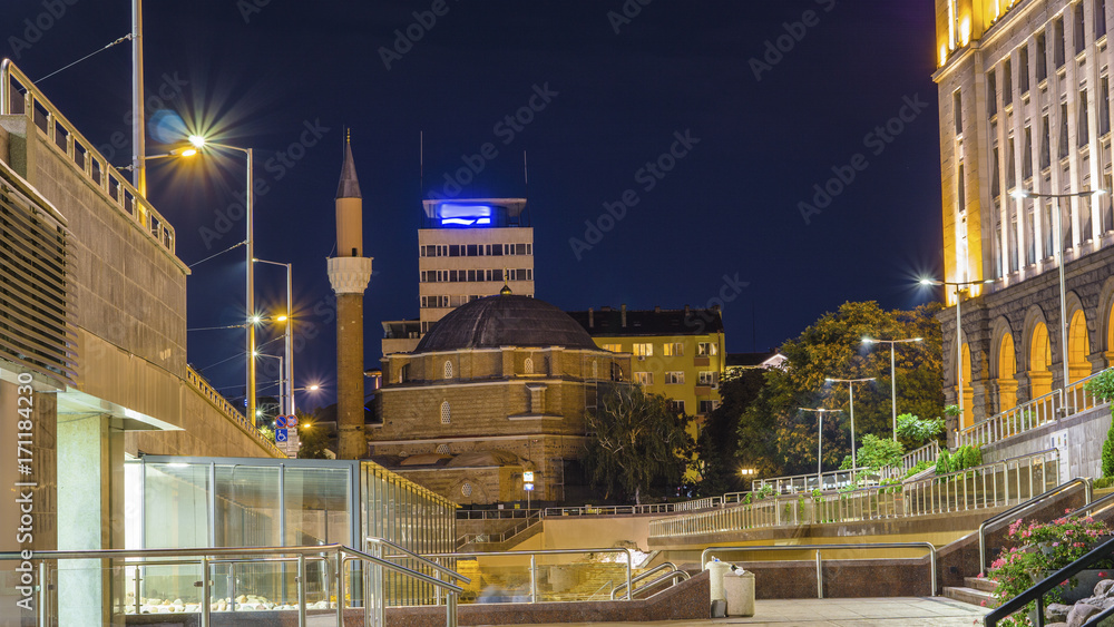 Fototapeta premium Night photo of ruins of ancient Serdica and Banya Bashi Mosque. Sofia. Bulgaria.