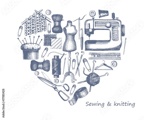 Sketches of tools and materials for sewing and knitting in the form of a heart