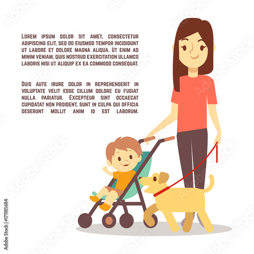 Young mother with baby carriage kid and dog - motherhood poster design