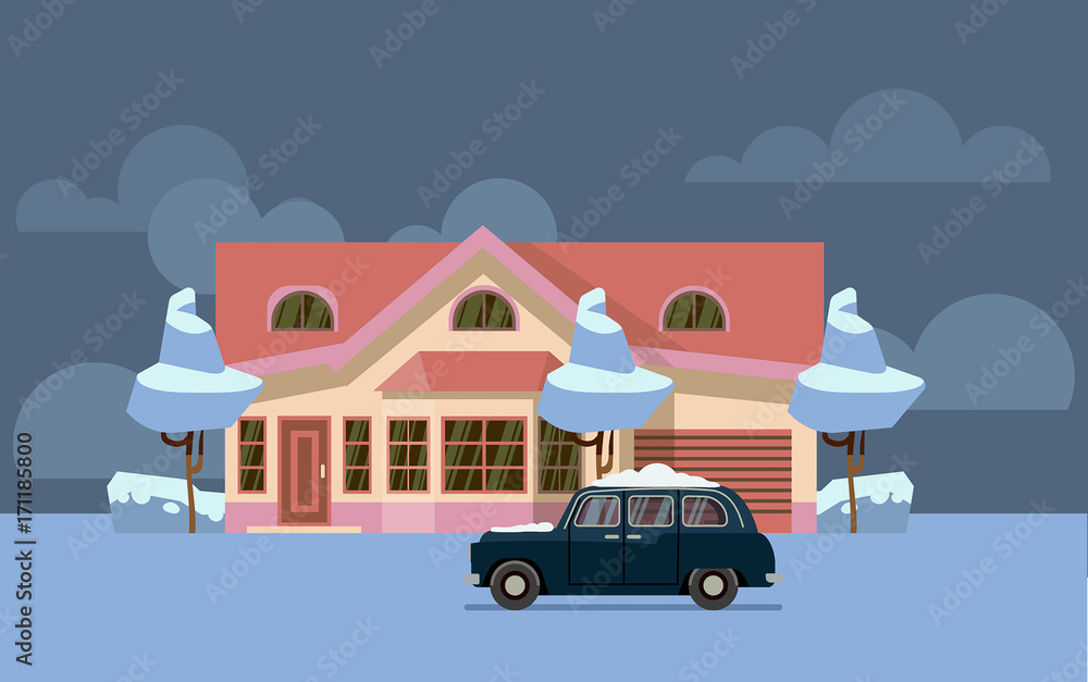Winter country house flat vector. Pink home with old car covered by snow