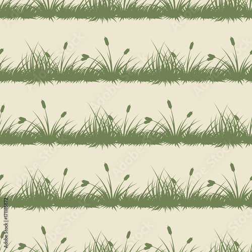 Vintage grass and bushes silhouettes horizontal seamless patterns
