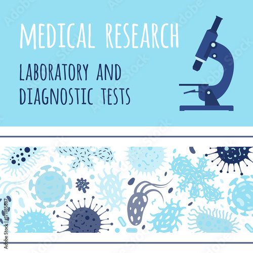Banner design with microscope and germs