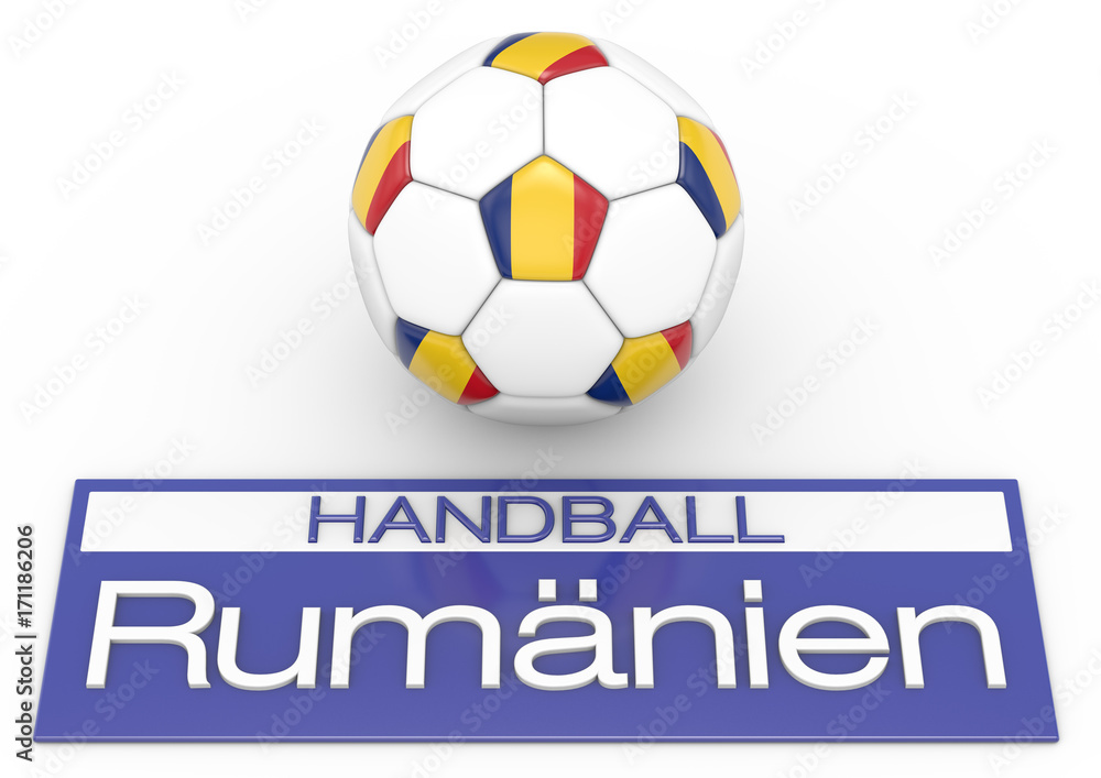 Handball mit Rumänien Flagge, Deutsche Version 2, 3D-Rendering