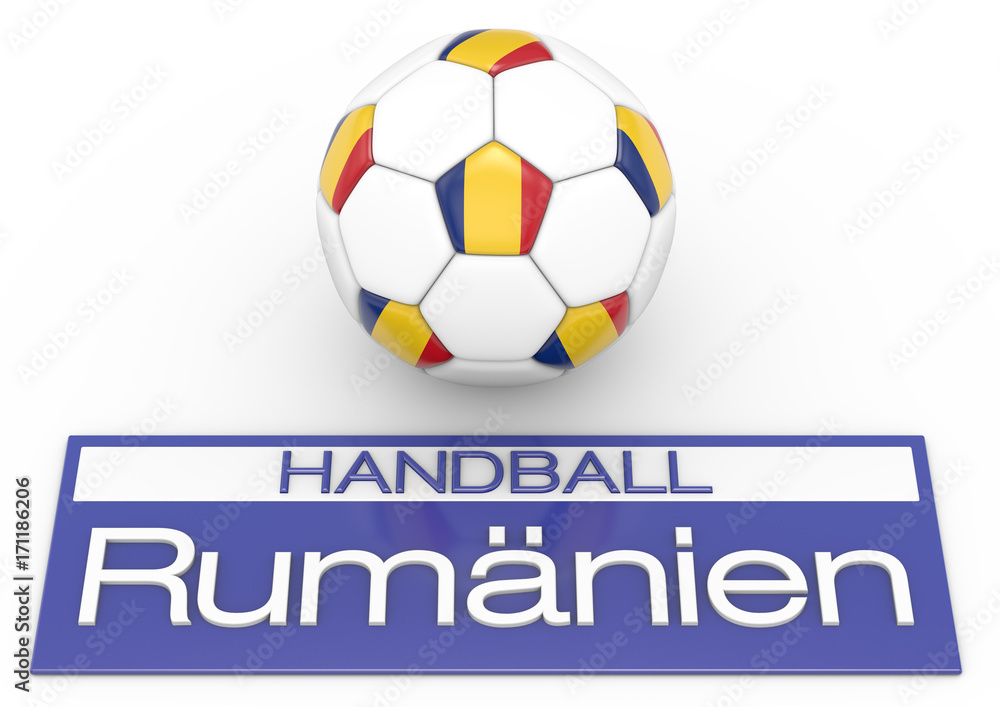 Handball mit Rumänien Flagge, Deutsche Version 2, 3D-Rendering Handball mit Rumänien Flagge, Deutsche Version 2, 3D-Rendering