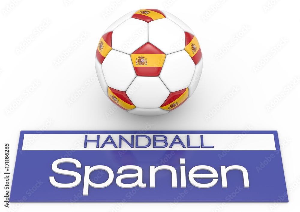 Handball mit Spanien Flagge, Deutsche Version 2, 3D-Rendering Handball mit Spanien Flagge, Deutsche Version 2, 3D-Rendering